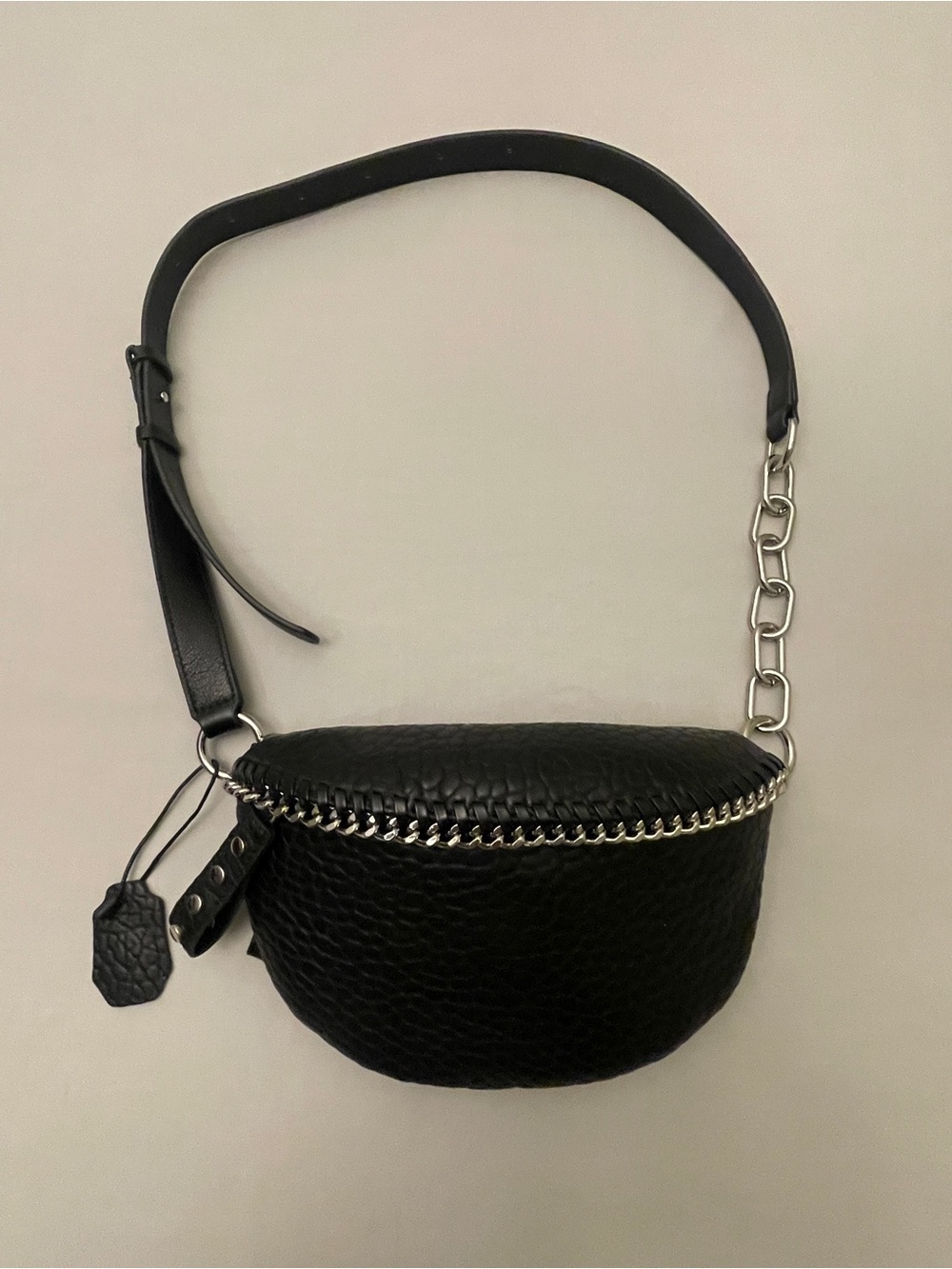 Black Leather Chain-Trim Waist Bag